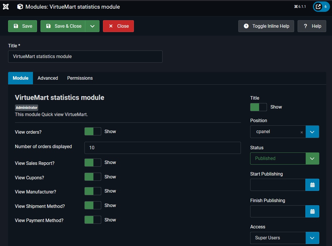 VirtueMart statistics module - settings